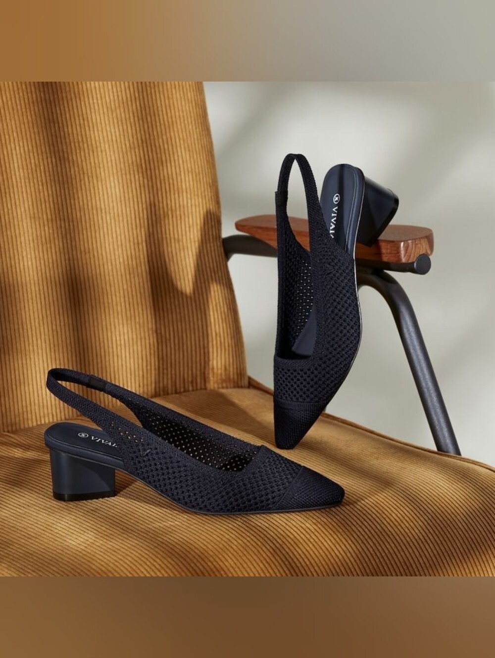 Vivaia Navy Blue Sling Back Knit Heels